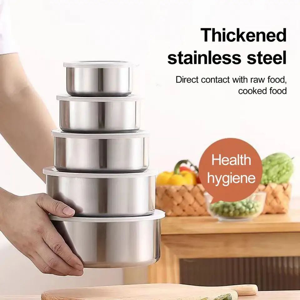Food Fresh Keeping Container 5 Pieces Stainless Steel Bowl Set Bati With Lid SKU: 11538